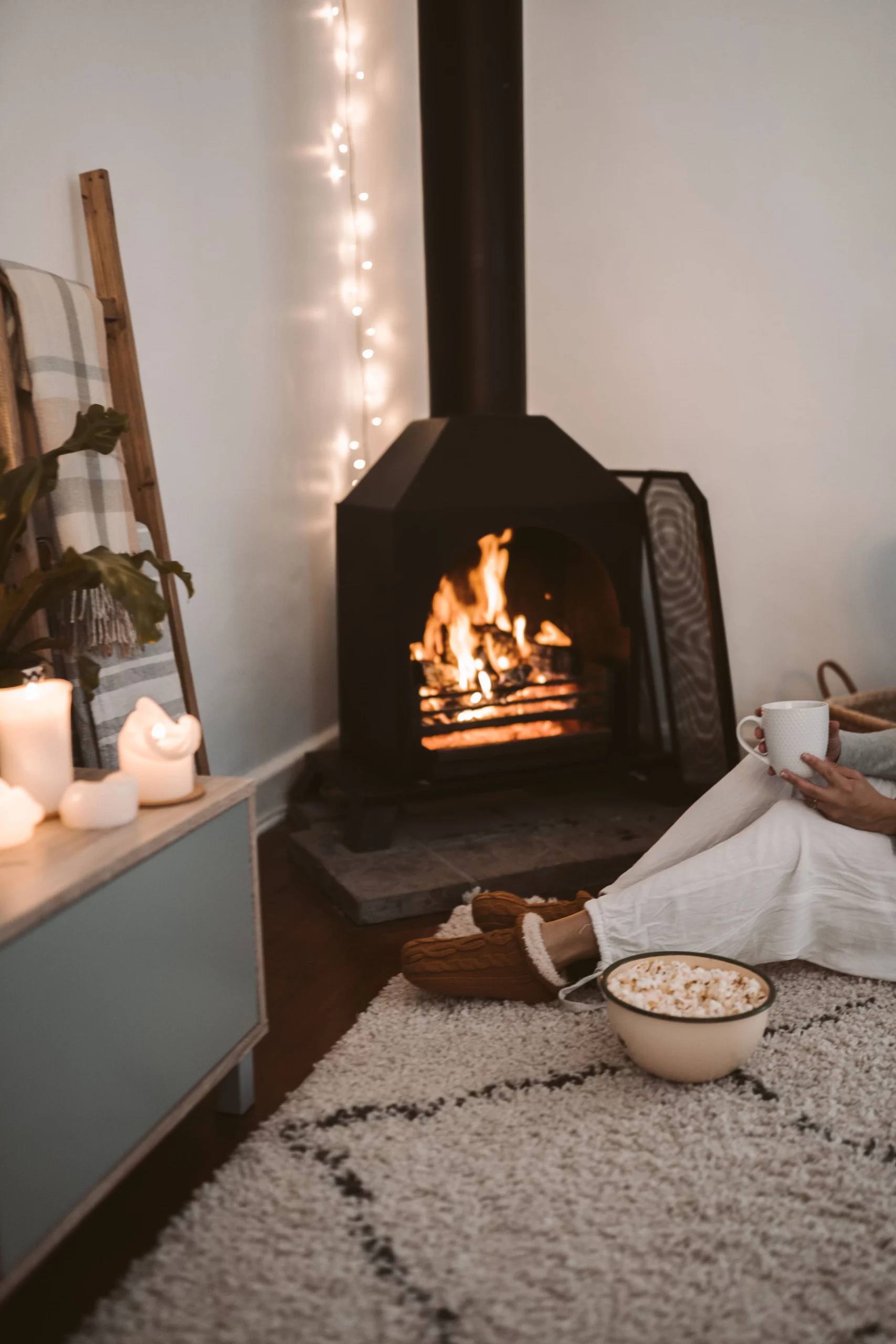 Popcorn au coin d'un feu soirée cocooning